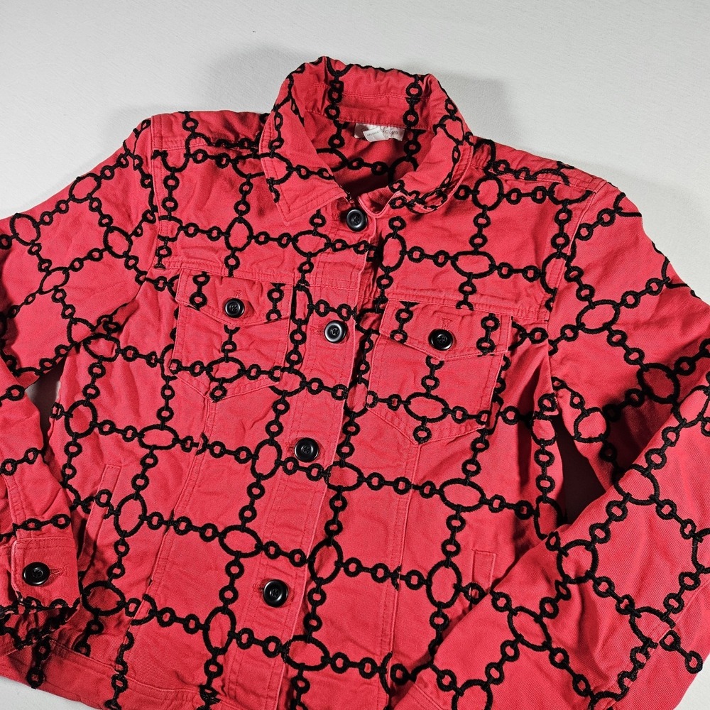 Charter Club Red & Black Chain Link Embroidered Denim Trucker Statement Jacket